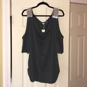 Cold shoulder, sequined top